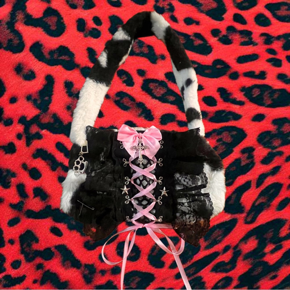 Black and White Faux Fur Bag with Pink Accents